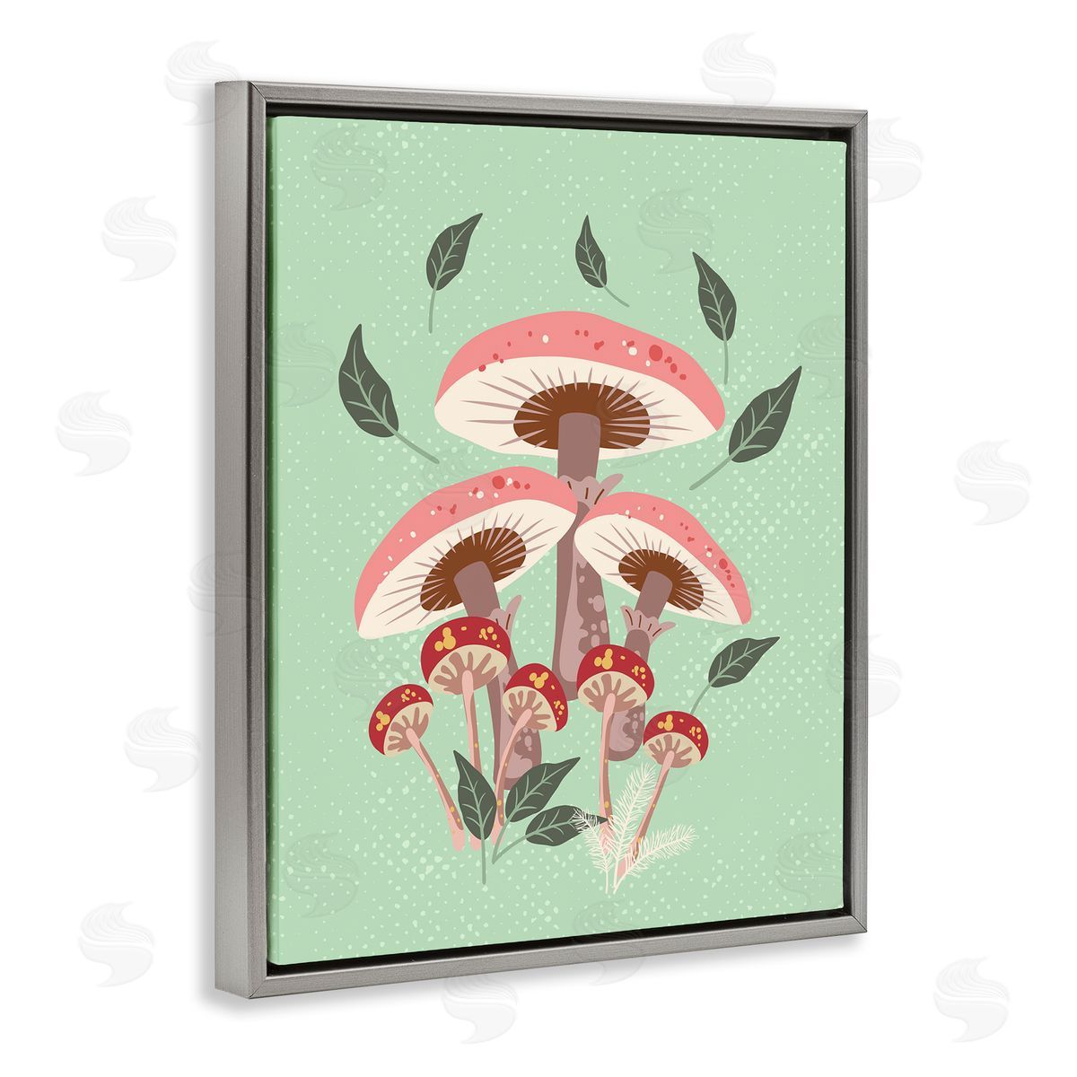 Mushrooms and Falling Leaves Grey Floating Frame Canvas Wall Art, Home Decor by Diane Labombarbe