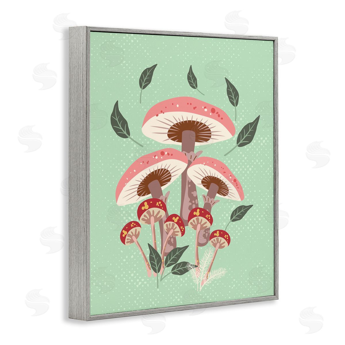 Mushrooms and Falling Leaves Grey Frame Print Wall Art, Home Decor by Diane Labombarbe