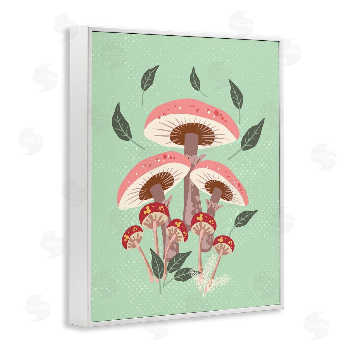 Mushrooms and Falling Leaves White Frame Print Wall Art, Home Decor by Diane Labombarbe