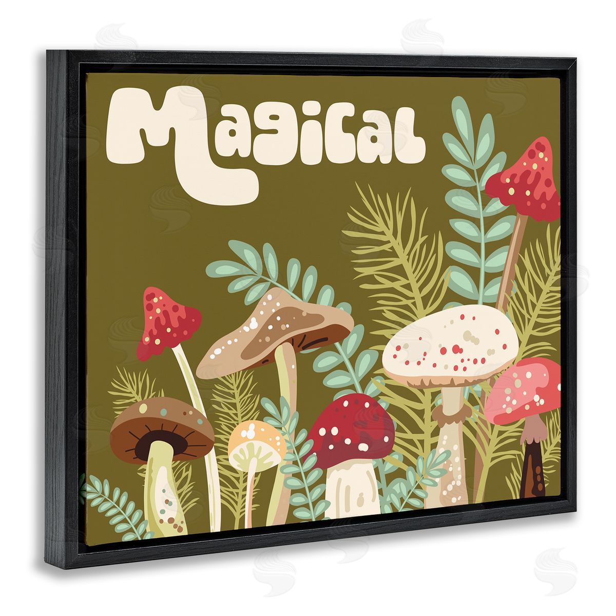 Magical Botanical Mushrooms Black Floating Frame Canvas Wall Art, Home Decor by Diane Labombarbe