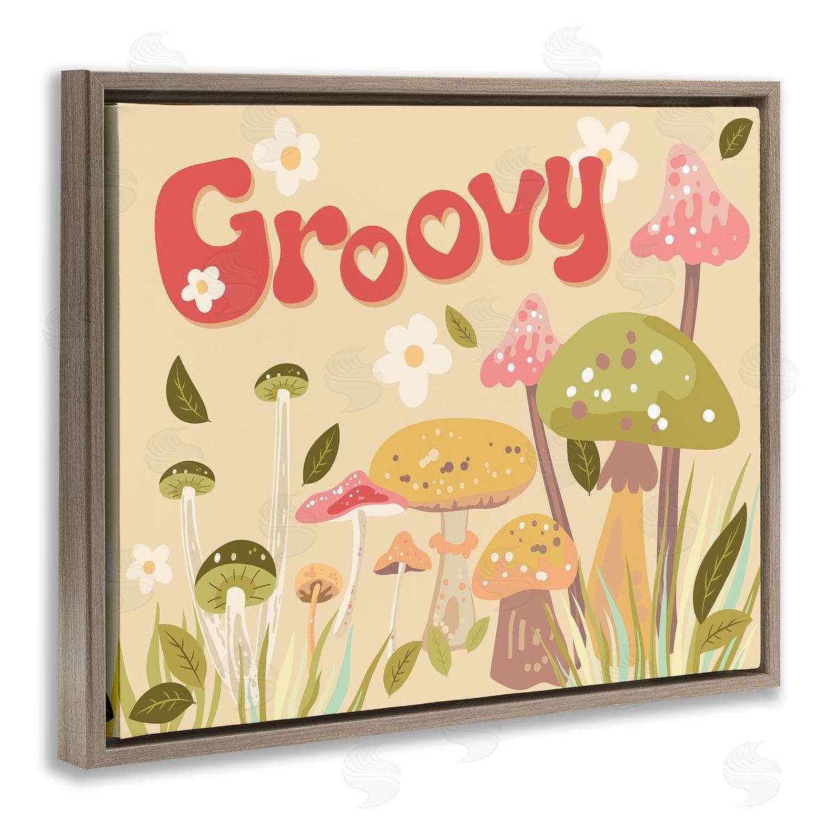 Groovy Botanical Mushrooms Brown Floating Frame Canvas Wall Art, Home Decor by Diane Labombarbe