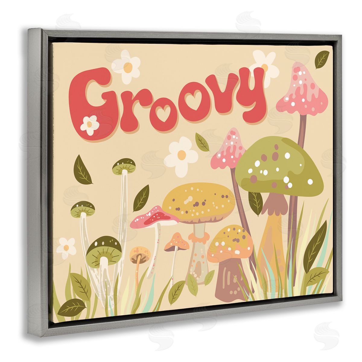 Groovy Botanical Mushrooms Grey Floating Frame Canvas Wall Art, Home Decor by Diane Labombarbe