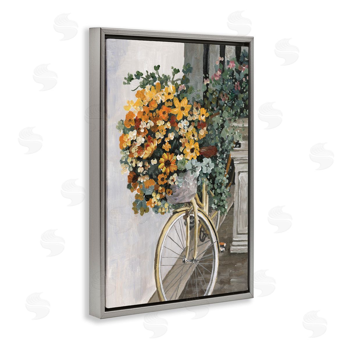 Bouquet on Bicycle Grey Floating Frame Canvas Wall Art, Home Decor by Dogwood Portfolio
