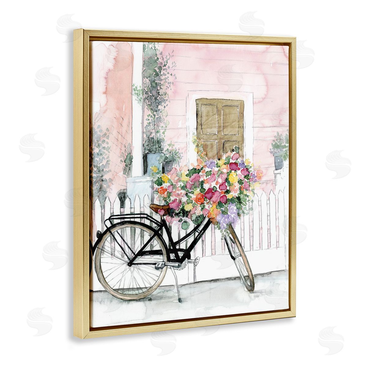 Watercolor Bicycle Bouquet Gold Floating Frame Canvas Wall Art, Home Decor by Dogwood Portfolio