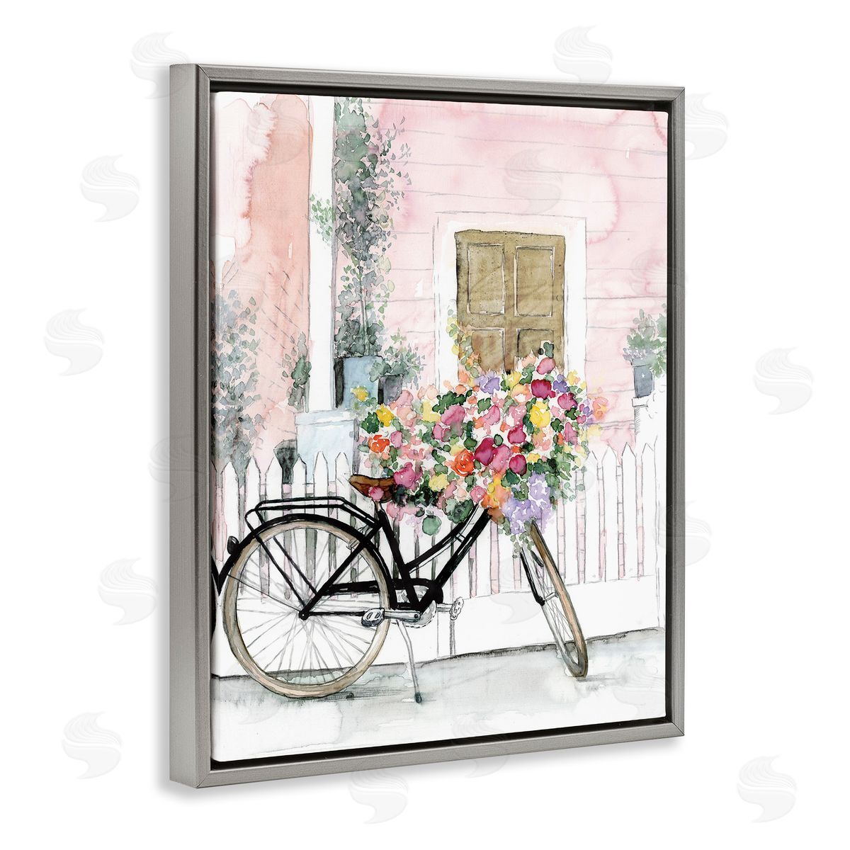 Watercolor Bicycle Bouquet Grey Floating Frame Canvas Wall Art, Home Decor by Dogwood Portfolio