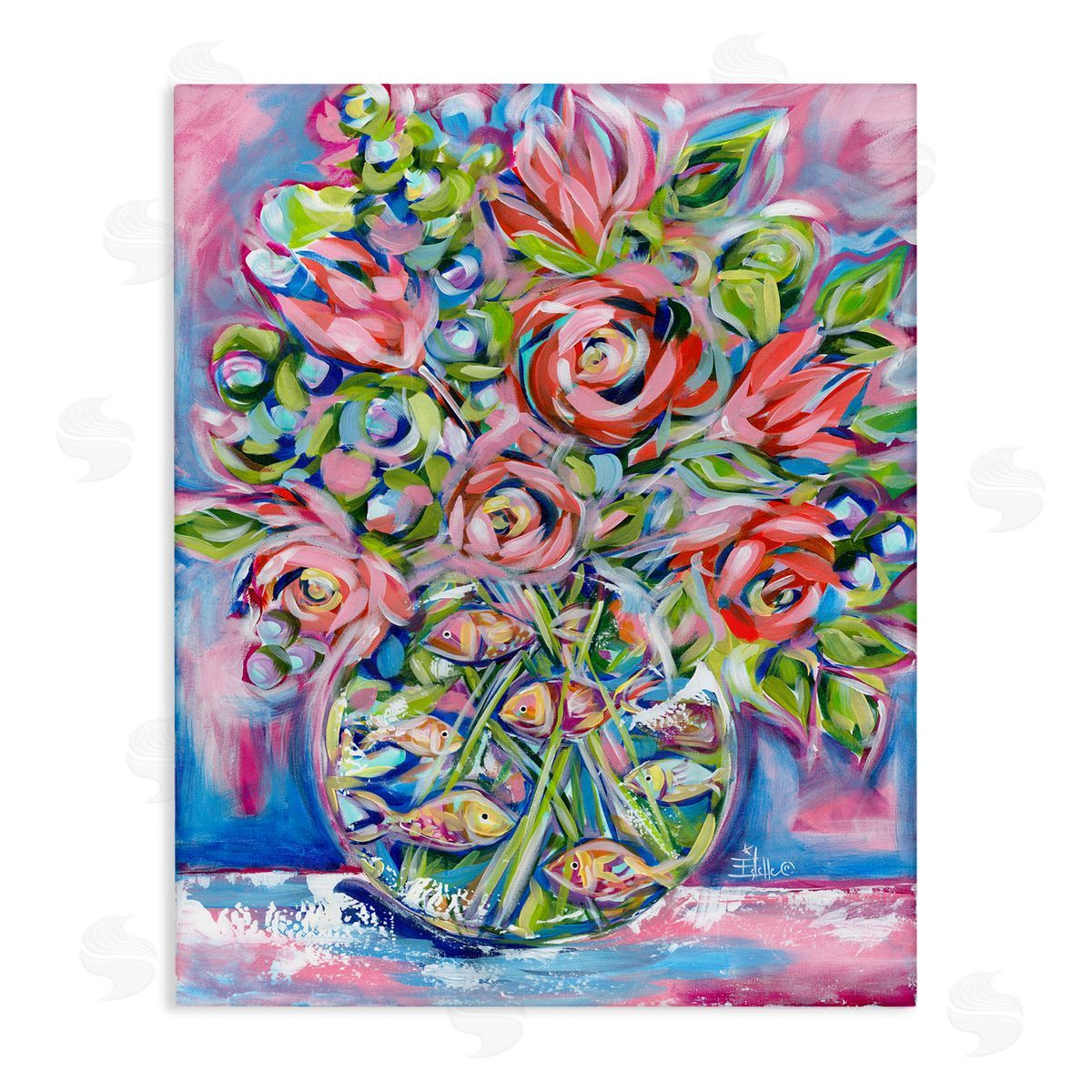 Roses and Goldfish Vase Canvas Wall Art, Home Decor by Estelle Grengs