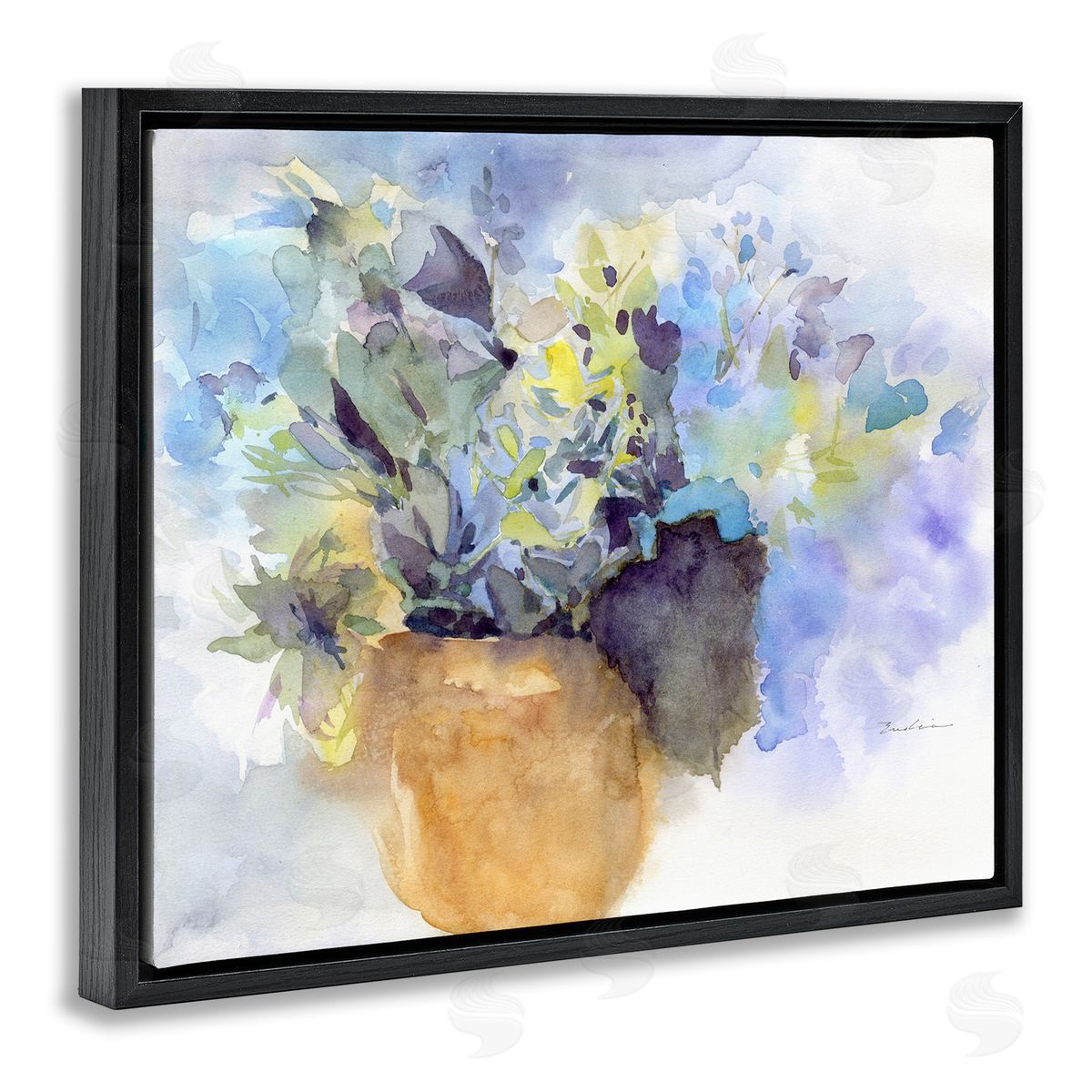 Watercolor Blue Hydrangea Black Floating Frame Canvas Wall Art, Home Decor by Evelia Designs