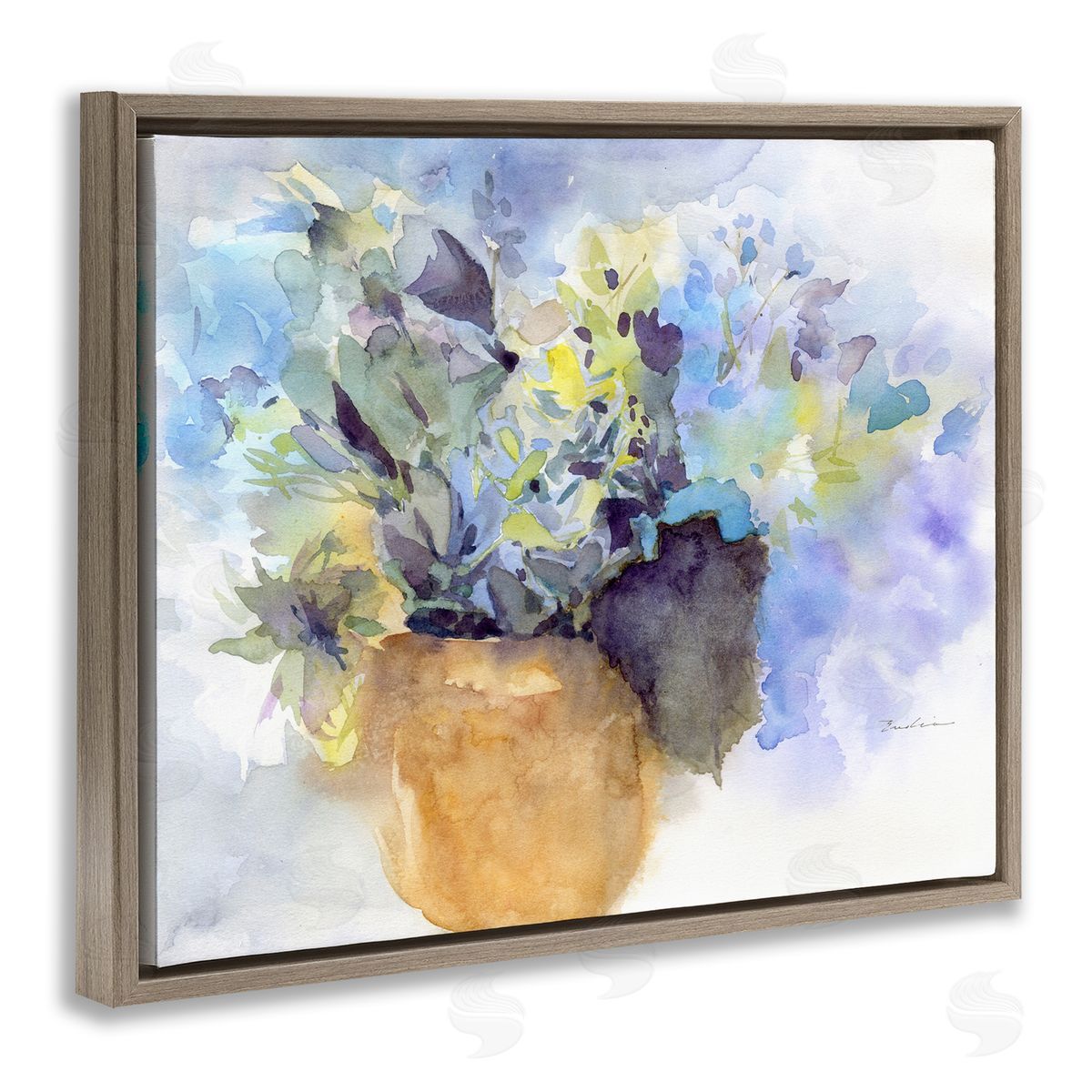 Watercolor Blue Hydrangea Brown Floating Frame Canvas Wall Art, Home Decor by Evelia Designs