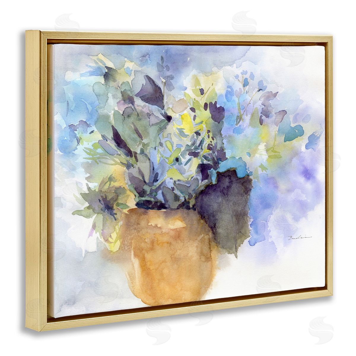 Watercolor Blue Hydrangea Gold Floating Frame Canvas Wall Art, Home Decor by Evelia Designs