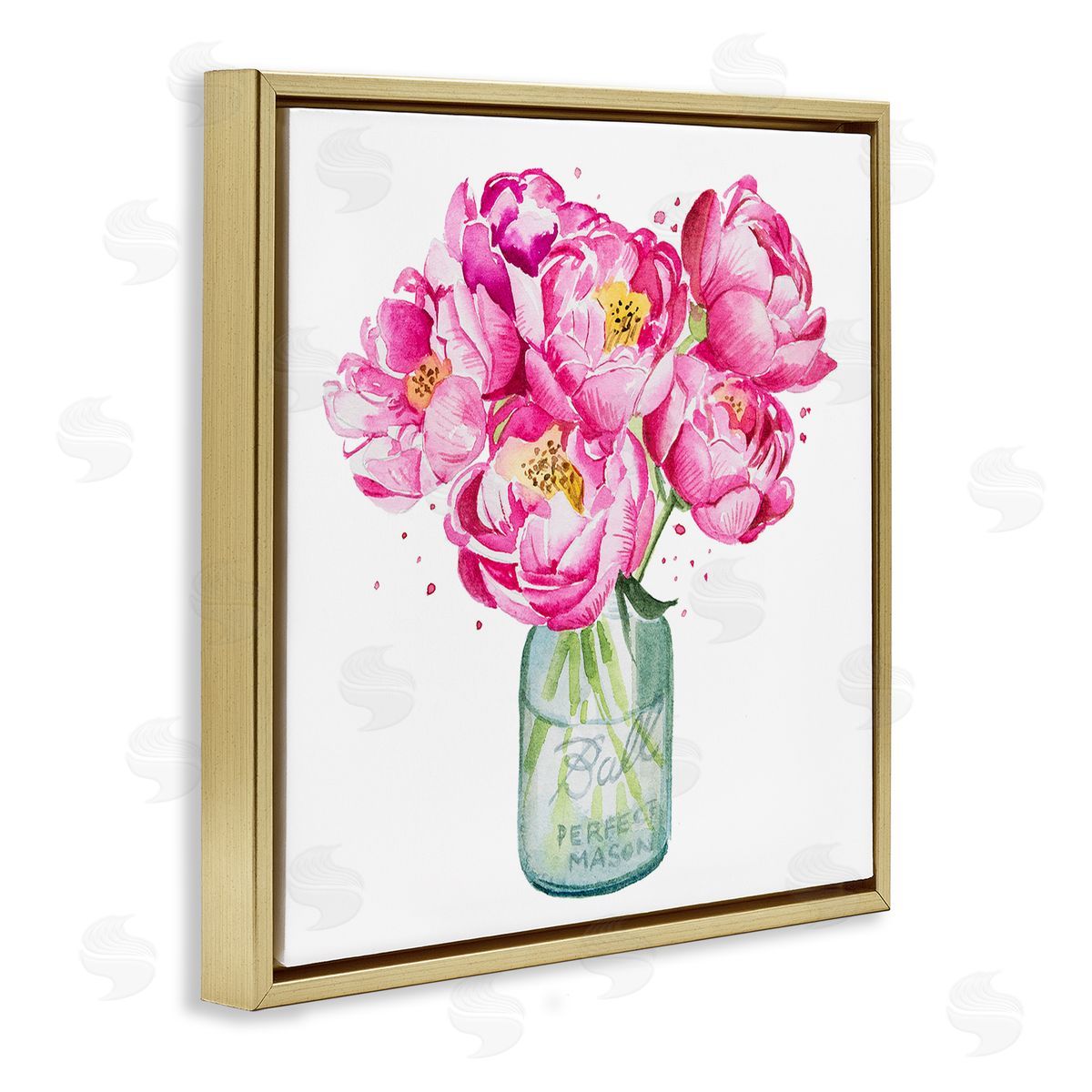 Pink Peony Jar Gold Floating Frame Canvas Wall Art, Home Decor by Enya Todd