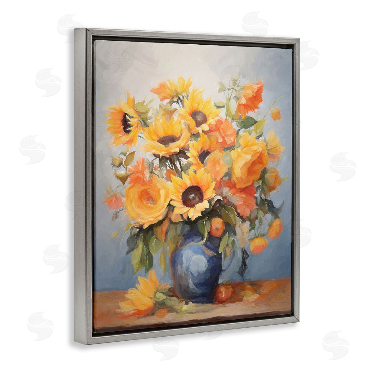 Sunflower Medley Vase Grey Floating Frame Canvas Wall Art, Home Decor by Ramona Murdock