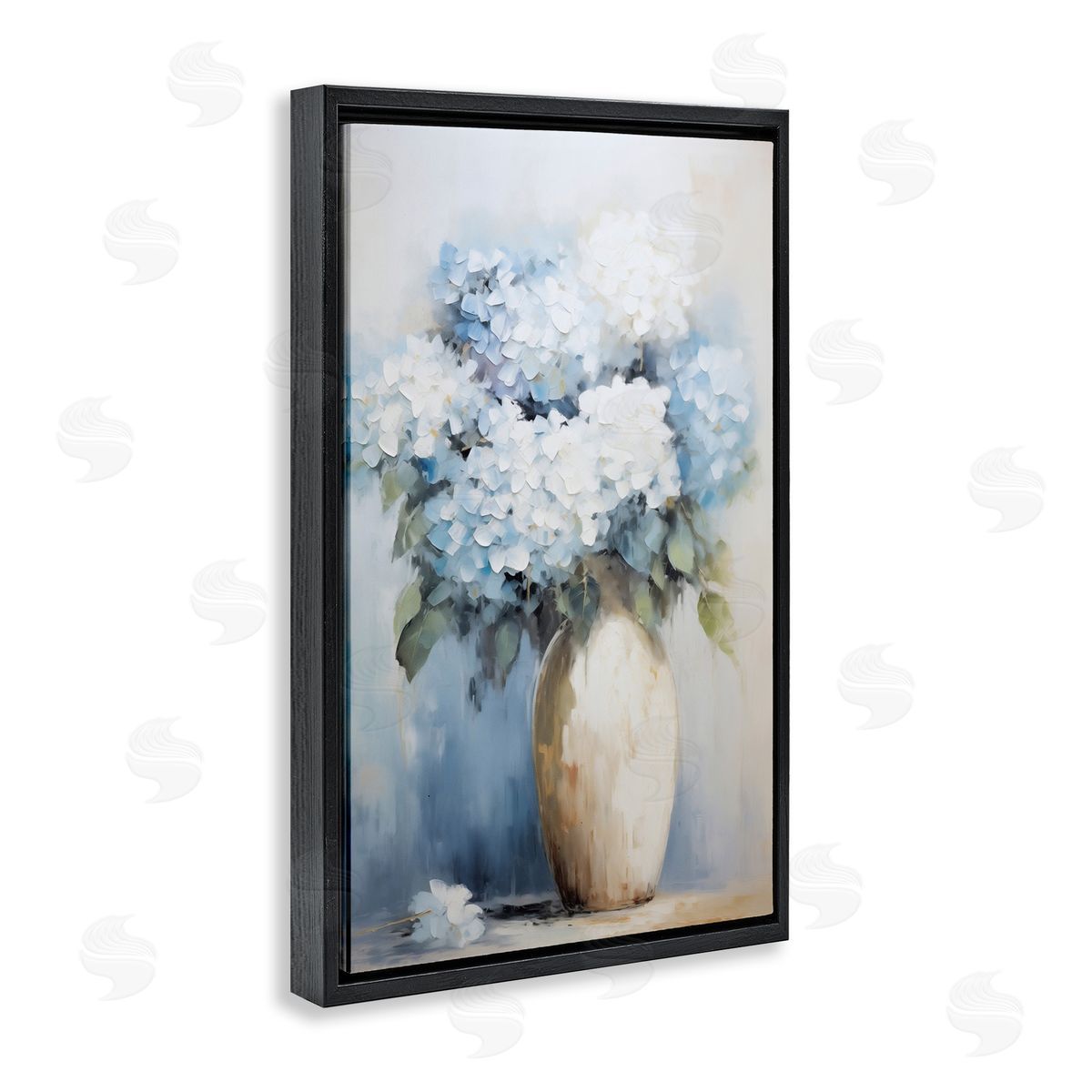 White and Blue Hydrangeas Black Floating Frame Canvas Wall Art, Home Decor by Gina Kelly