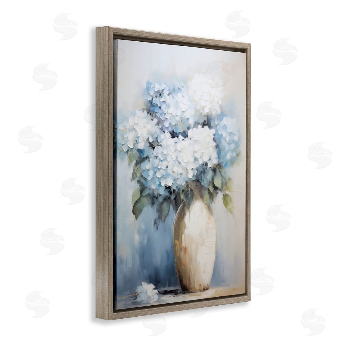White and Blue Hydrangeas Brown Floating Frame Canvas Wall Art, Home Decor by Gina Kelly