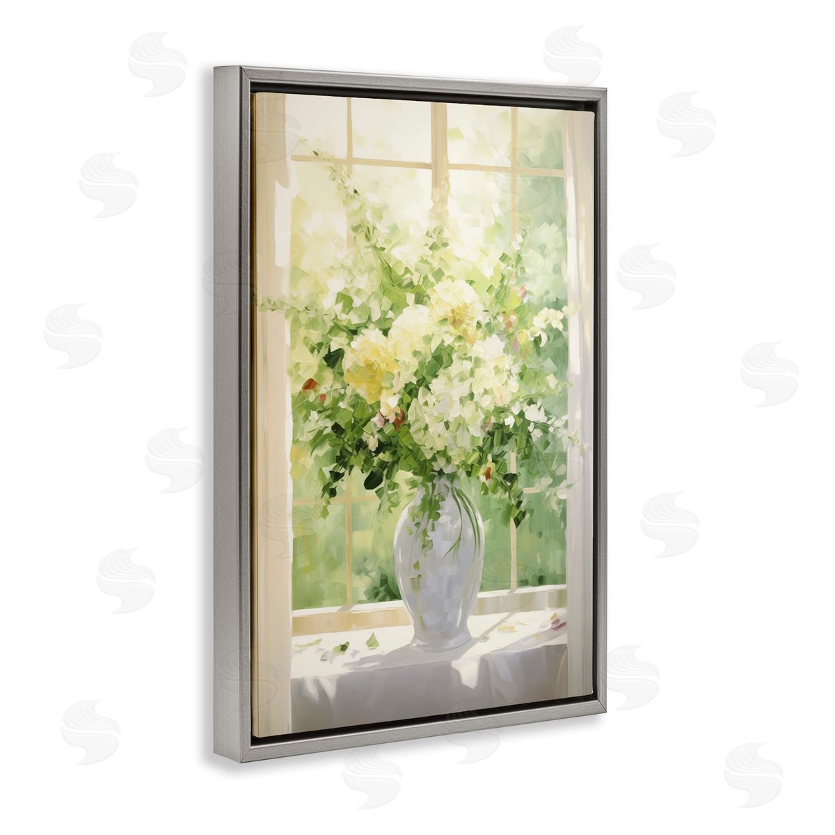 Flower Arrangement in Window Grey Floating Frame Canvas Wall Art, Home Decor by Gina Kelly