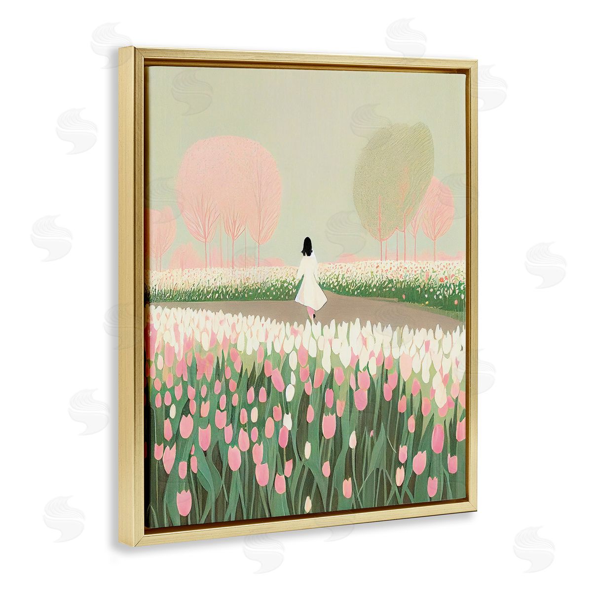 Walking in Tulip Meadow Gold Floating Frame Canvas Wall Art, Home Decor by Incado
