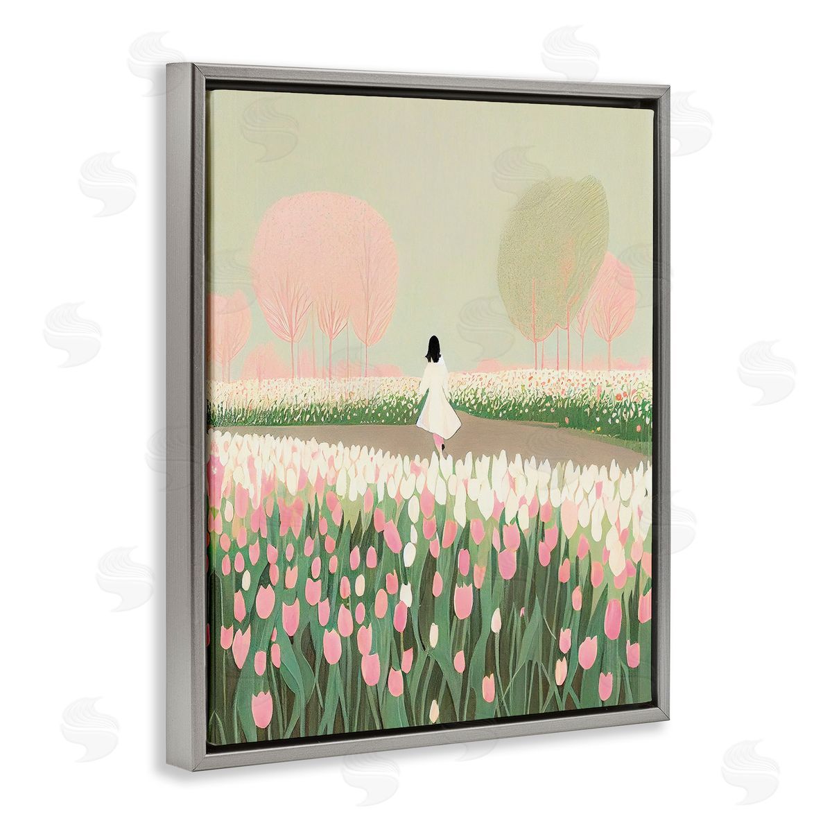Walking in Tulip Meadow Grey Floating Frame Canvas Wall Art, Home Decor by Incado