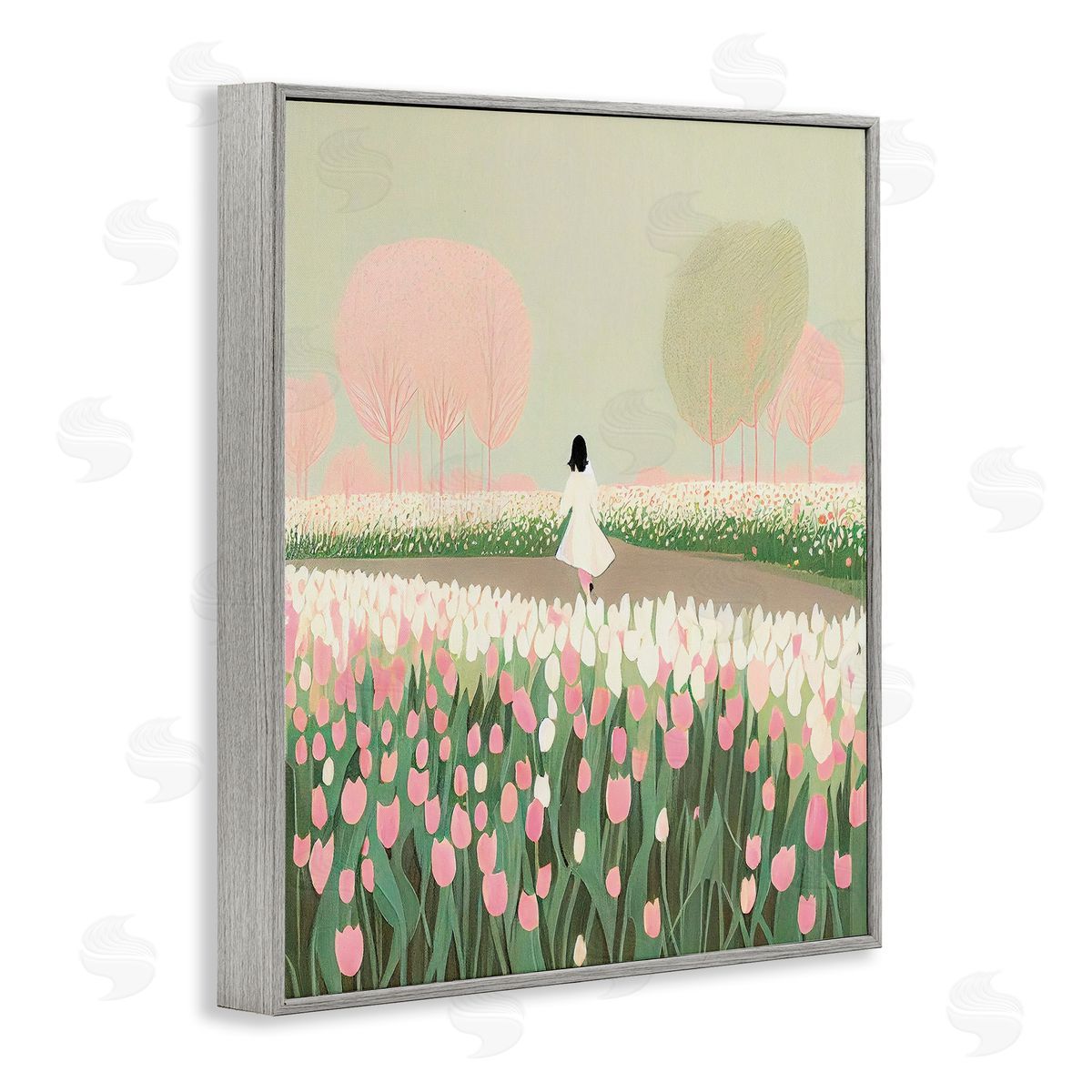 Walking in Tulip Meadow Grey Frame Print Wall Art, Home Decor by Incado