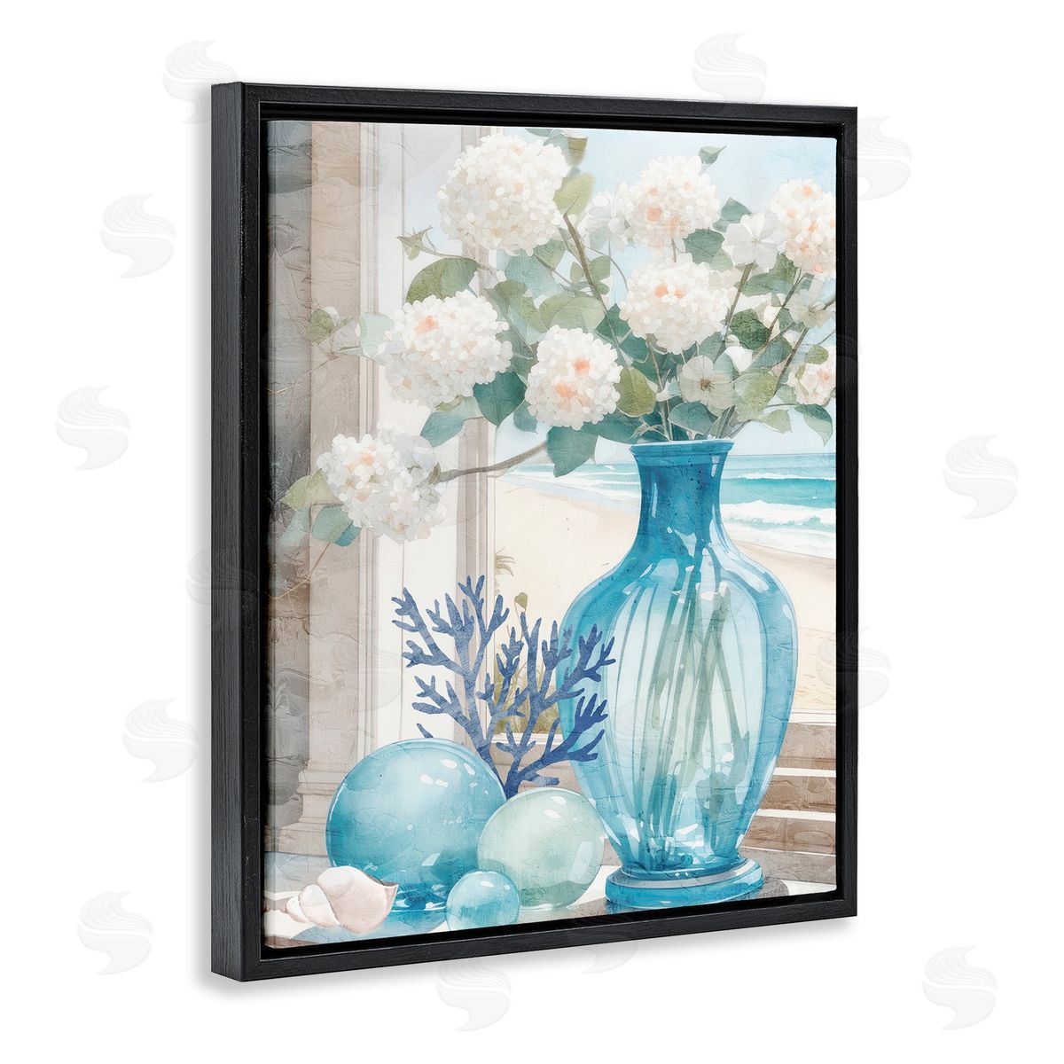 Sea Glass and Coral Black Floating Frame Canvas Wall Art, Home Decor by Kim Allen