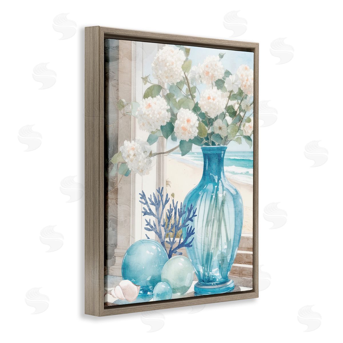 Sea Glass and Coral Brown Floating Frame Canvas Wall Art, Home Decor by Kim Allen