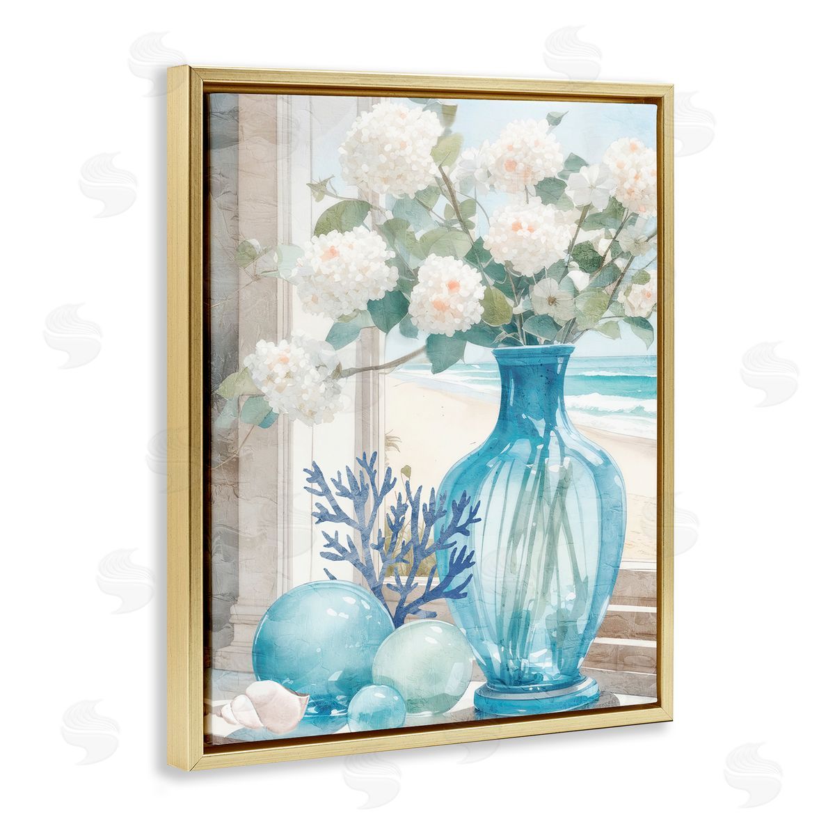 Sea Glass and Coral Gold Floating Frame Canvas Wall Art, Home Decor by Kim Allen