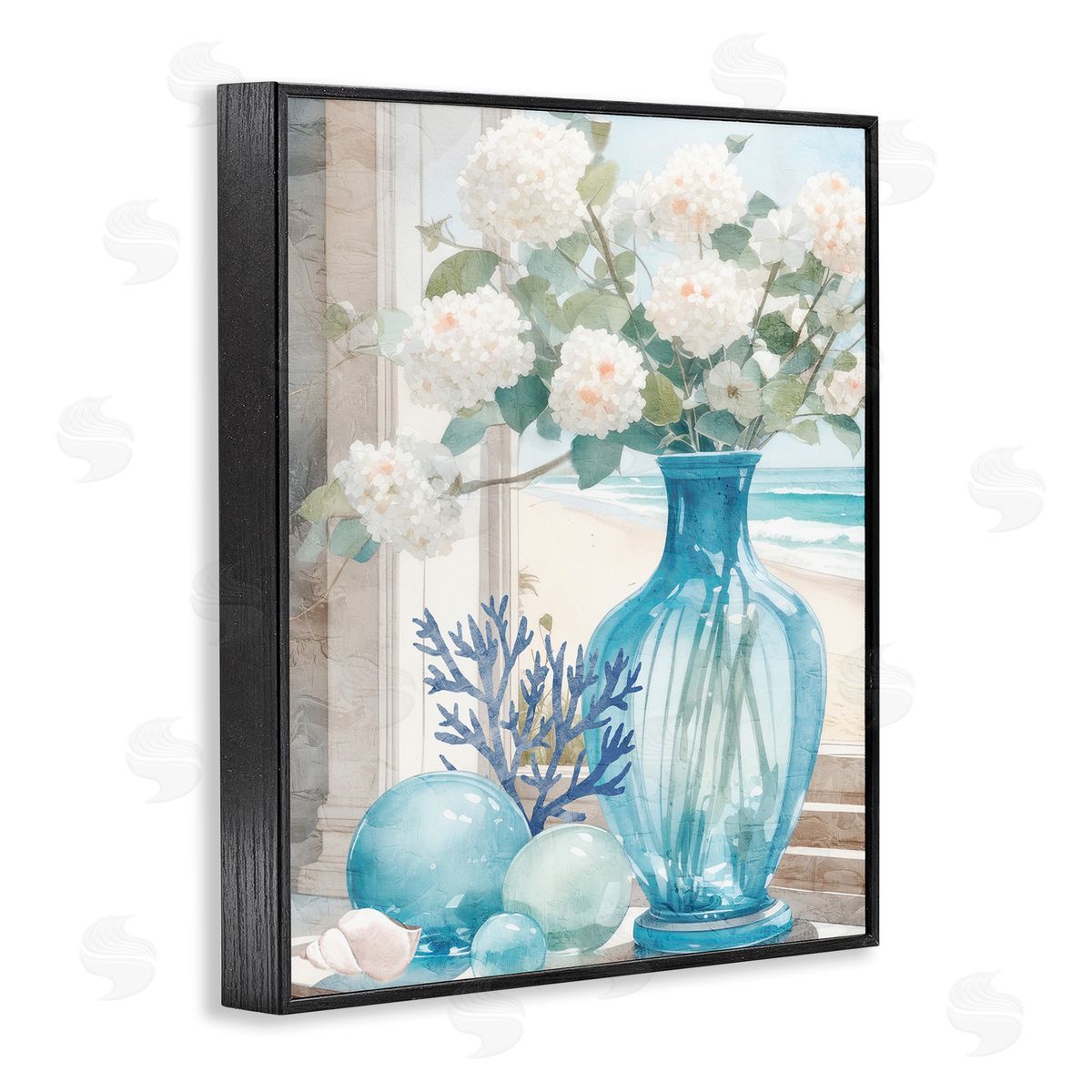 Sea Glass and Coral Black Frame Print Wall Art, Home Decor by Kim Allen