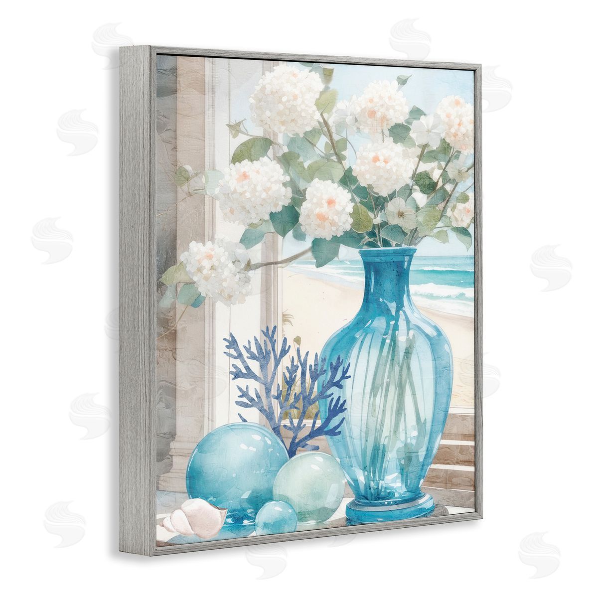 Sea Glass and Coral Grey Frame Print Wall Art, Home Decor by Kim Allen