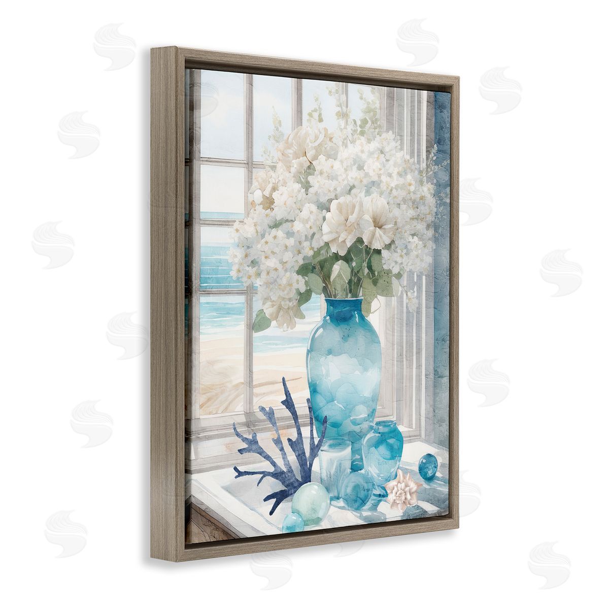 Coastal Flower Vase Brown Floating Frame Canvas Wall Art, Home Decor by Kim Allen