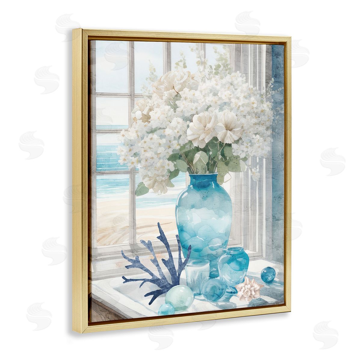 Coastal Flower Vase Gold Floating Frame Canvas Wall Art, Home Decor by Kim Allen