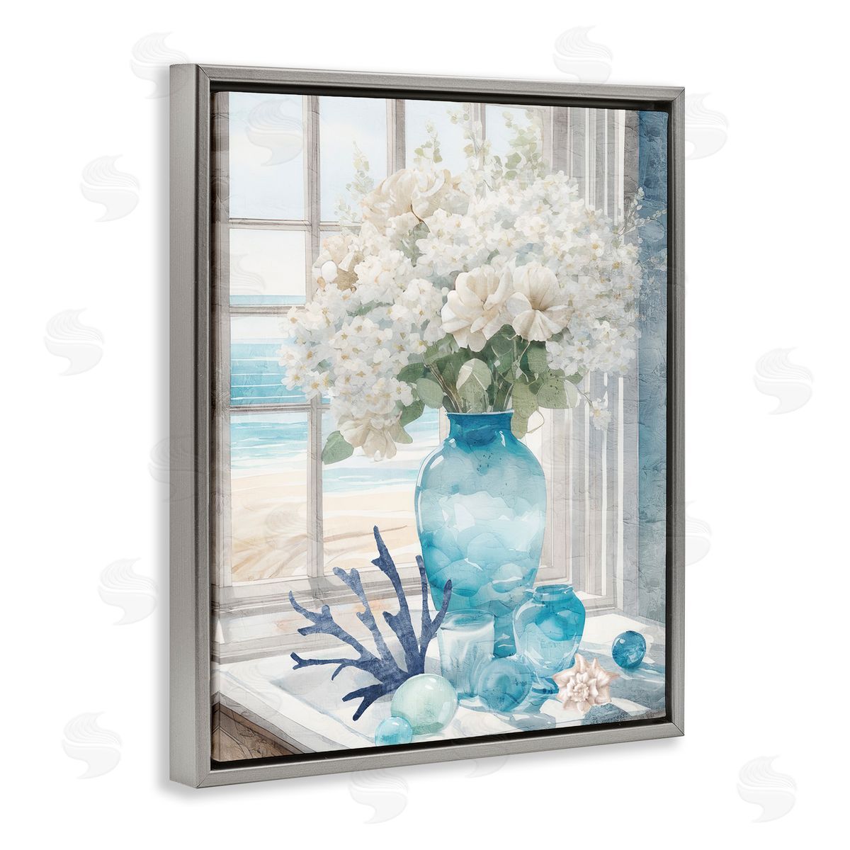Coastal Flower Vase Grey Floating Frame Canvas Wall Art, Home Decor by Kim Allen