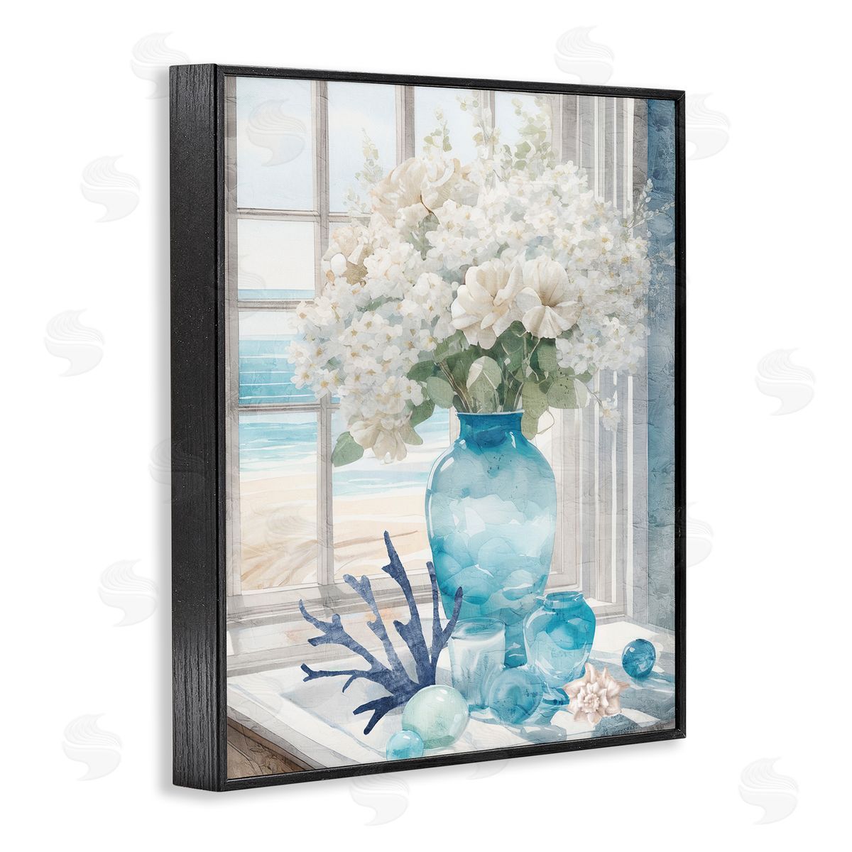 Coastal Flower Vase Black Frame Print Wall Art, Home Decor by Kim Allen
