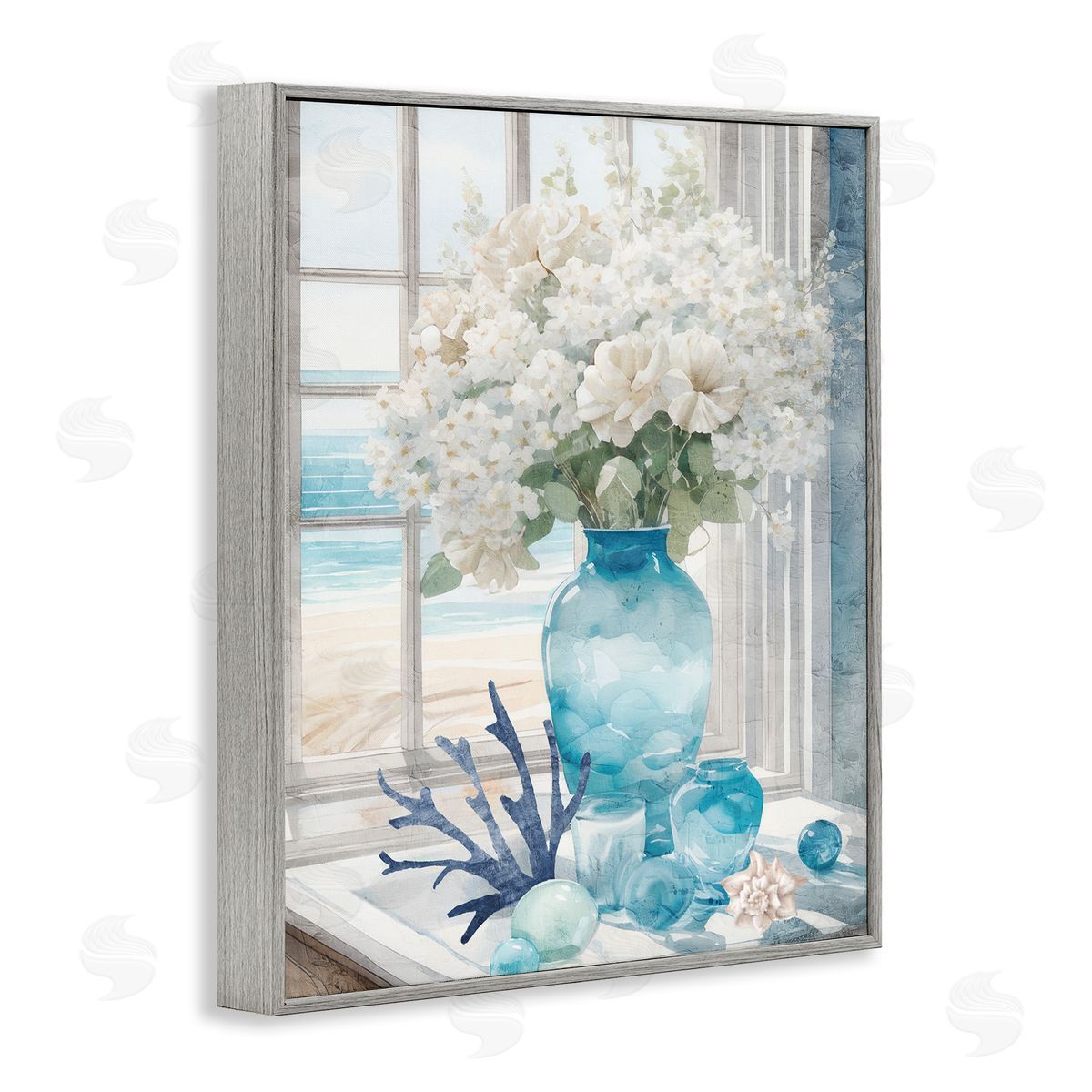 Coastal Flower Vase Grey Frame Print Wall Art, Home Decor by Kim Allen