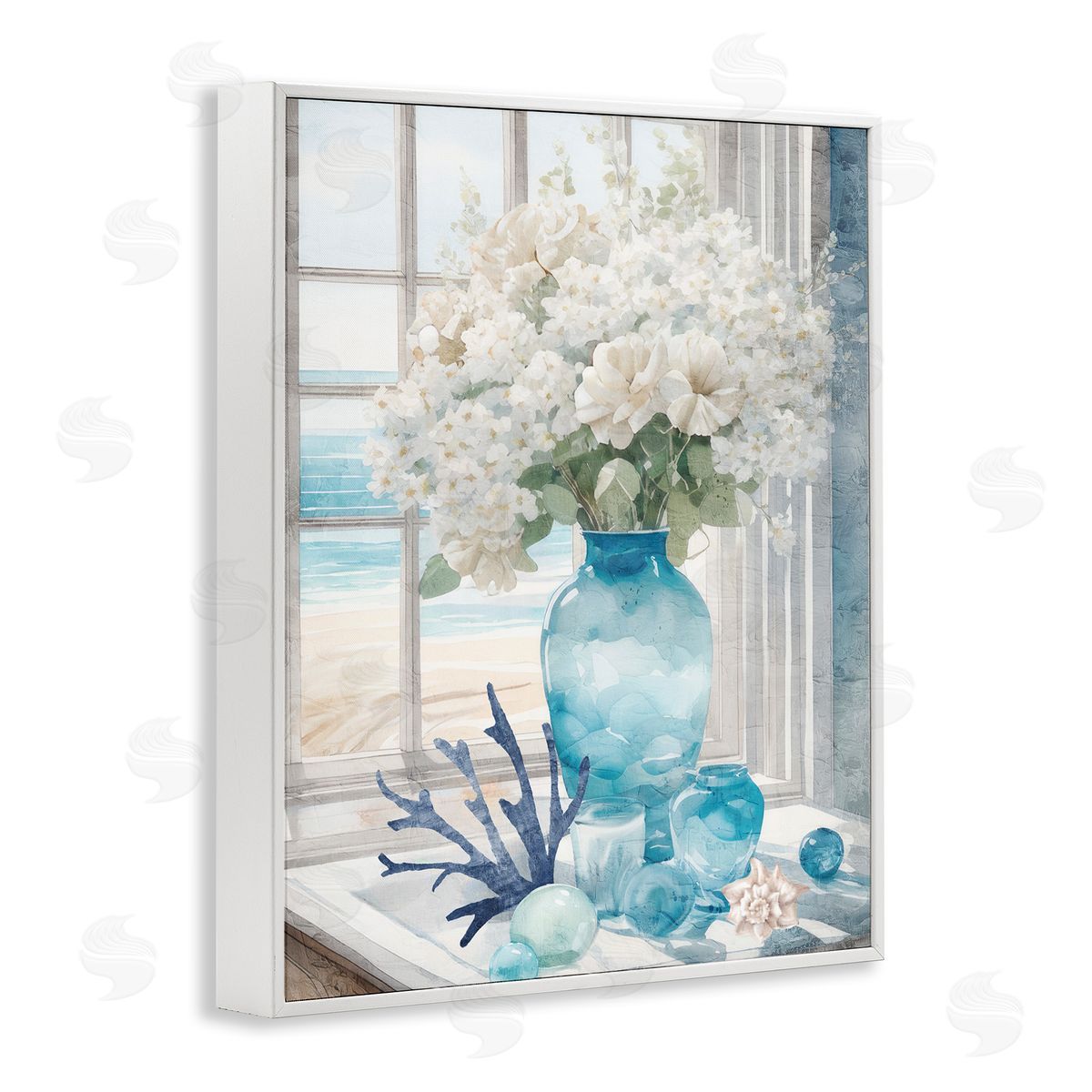 Coastal Flower Vase White Frame Print Wall Art, Home Decor by Kim Allen