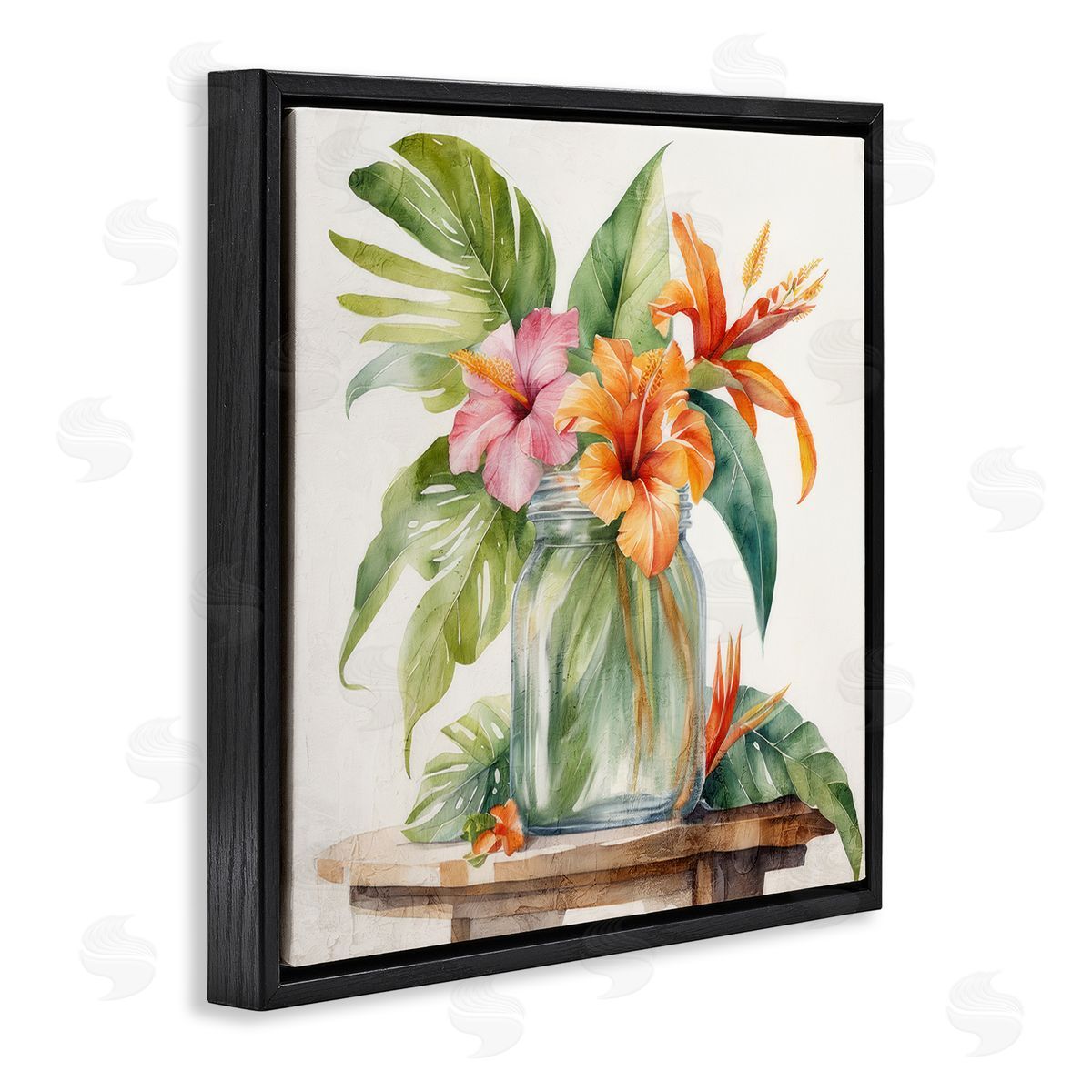 Kim Allen Tropical Floral Jar Black Floating Frame Canvas Wall Art Print