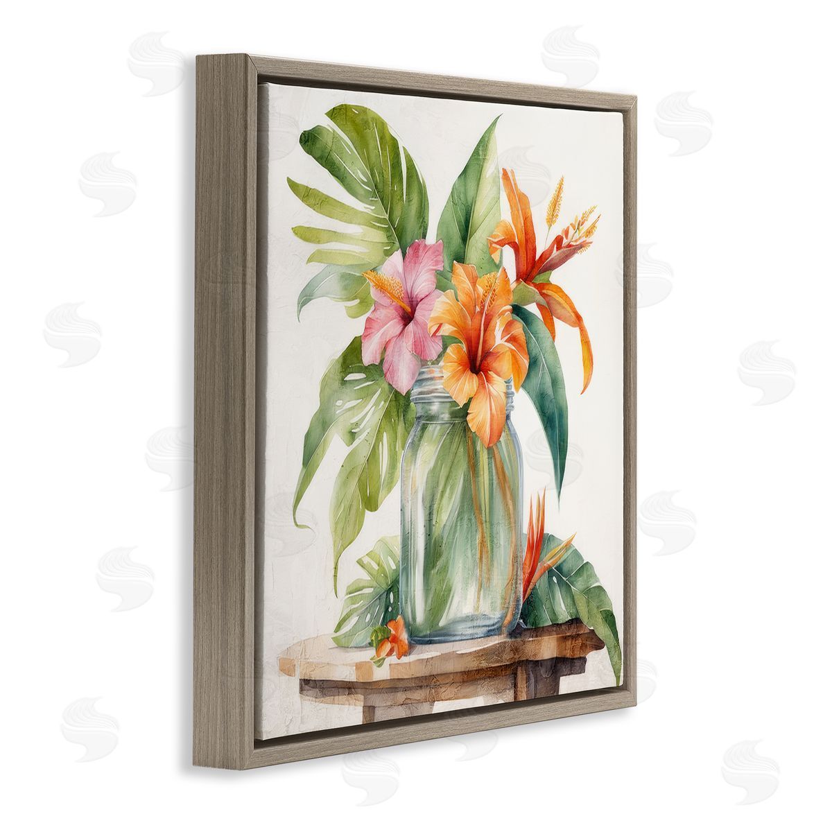Kim Allen Tropical Floral Jar Brown Floating Frame Canvas Wall Art Print