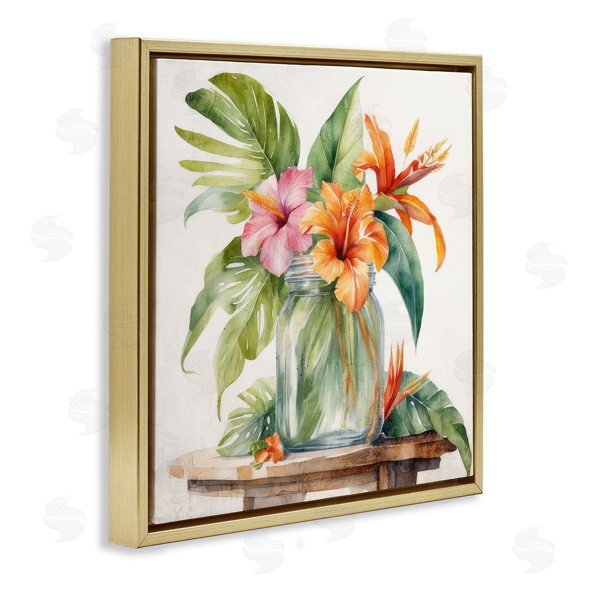 Kim Allen Tropical Floral Jar Gold Floating Frame Canvas Wall Art Print