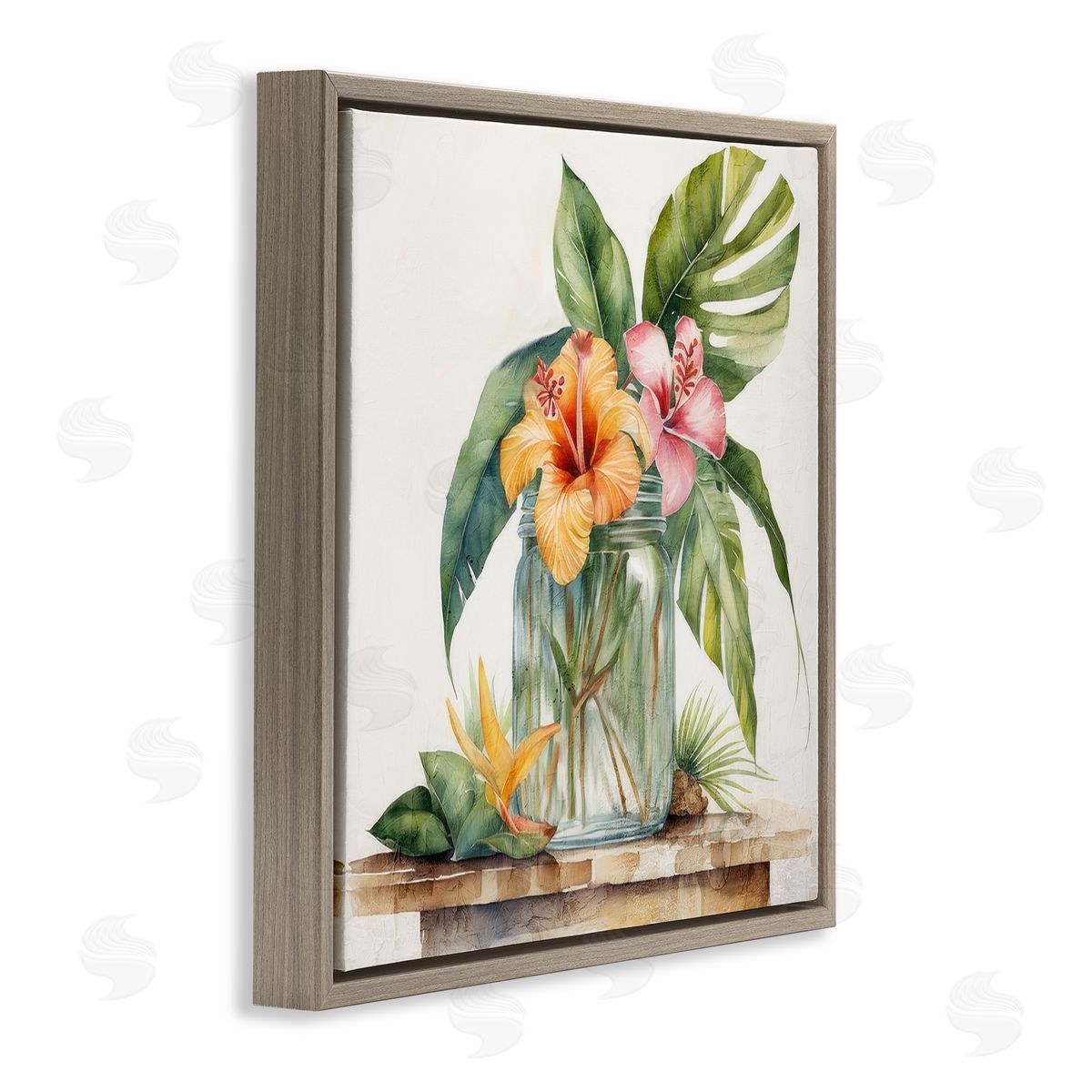 Kim Allen Tropical Floral Vase Brown Floating Frame Canvas Wall Art Print