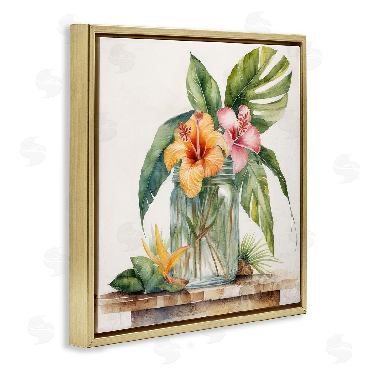 Kim Allen Tropical Floral Vase Gold Floating Frame Canvas Wall Art Print