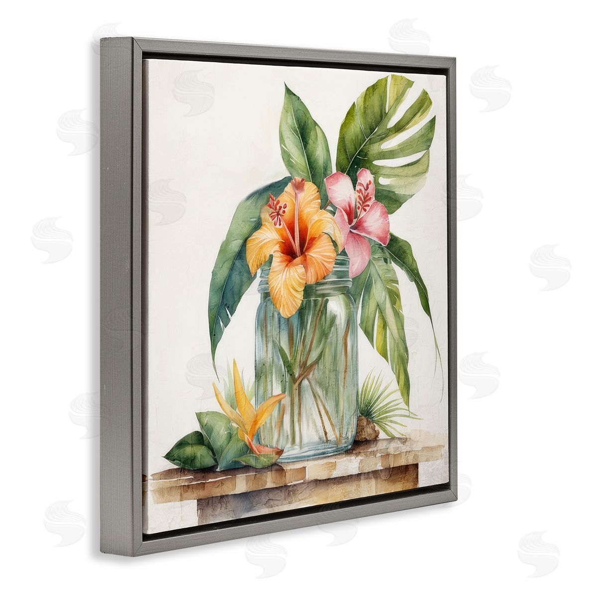 Kim Allen Tropical Floral Vase Gray Floating Frame Canvas Wall Art Print