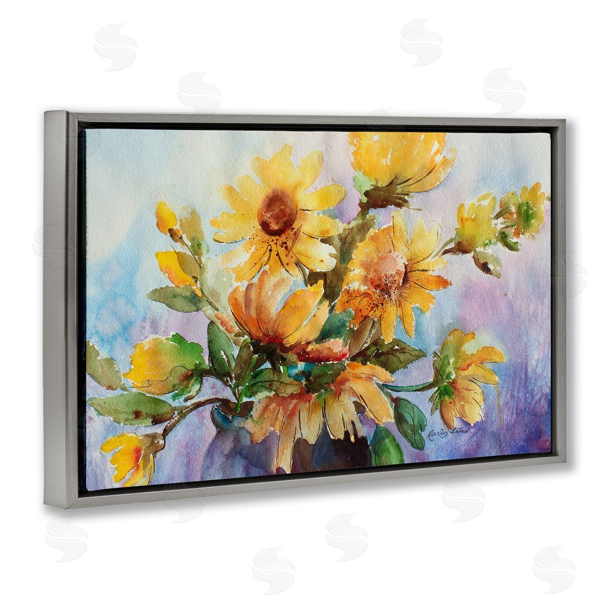 Watercolor Daisies Vase Grey Floating Frame Canvas Wall Art, Home Decor by Karen Lind