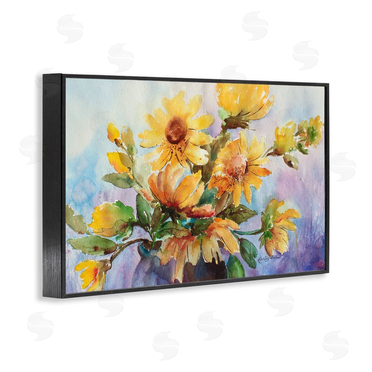 Watercolor Daisies Vase Black Frame Print Wall Art, Home Decor by Karen Lind