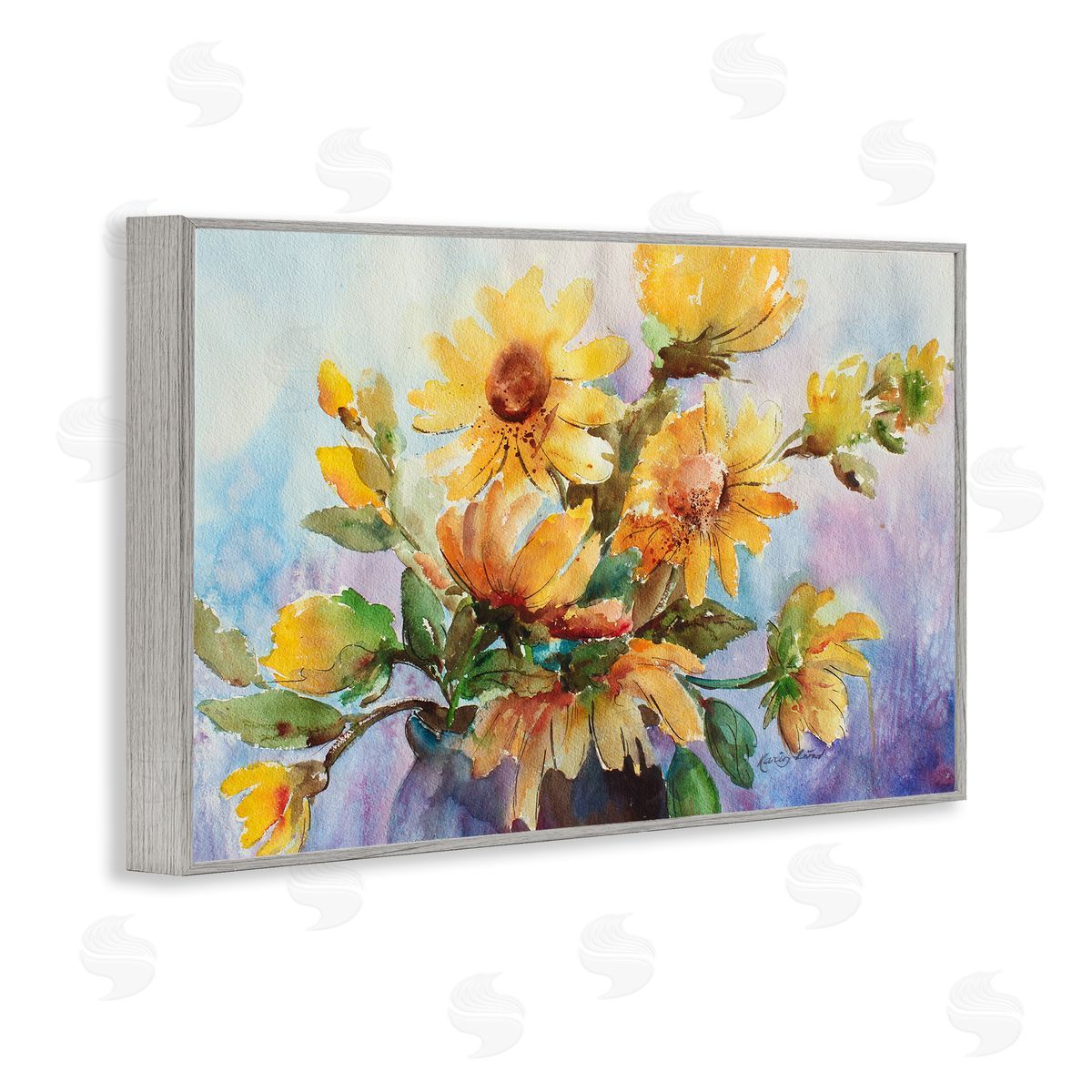 Watercolor Daisies Vase Grey Frame Print Wall Art, Home Decor by Karen Lind