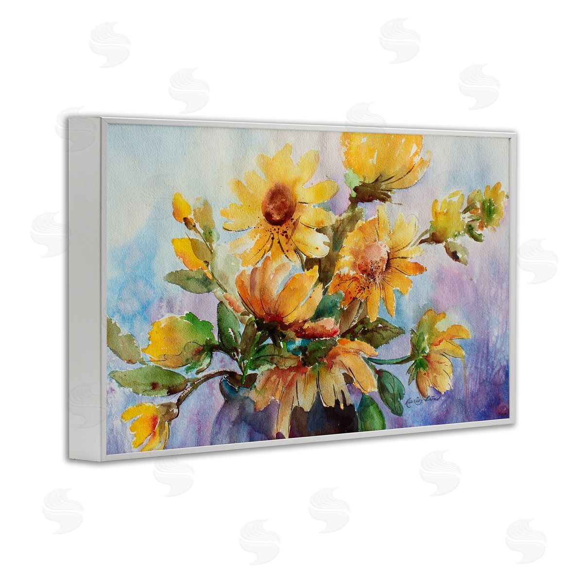 Watercolor Daisies Vase White Frame Print Wall Art, Home Decor by Karen Lind