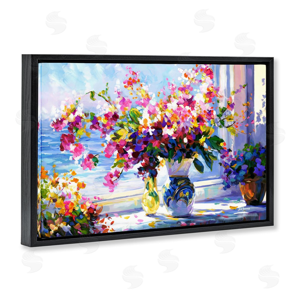 Morning Sun Blooms Black Floating Frame Canvas Wall Art, Home Decor by Leon Devenice