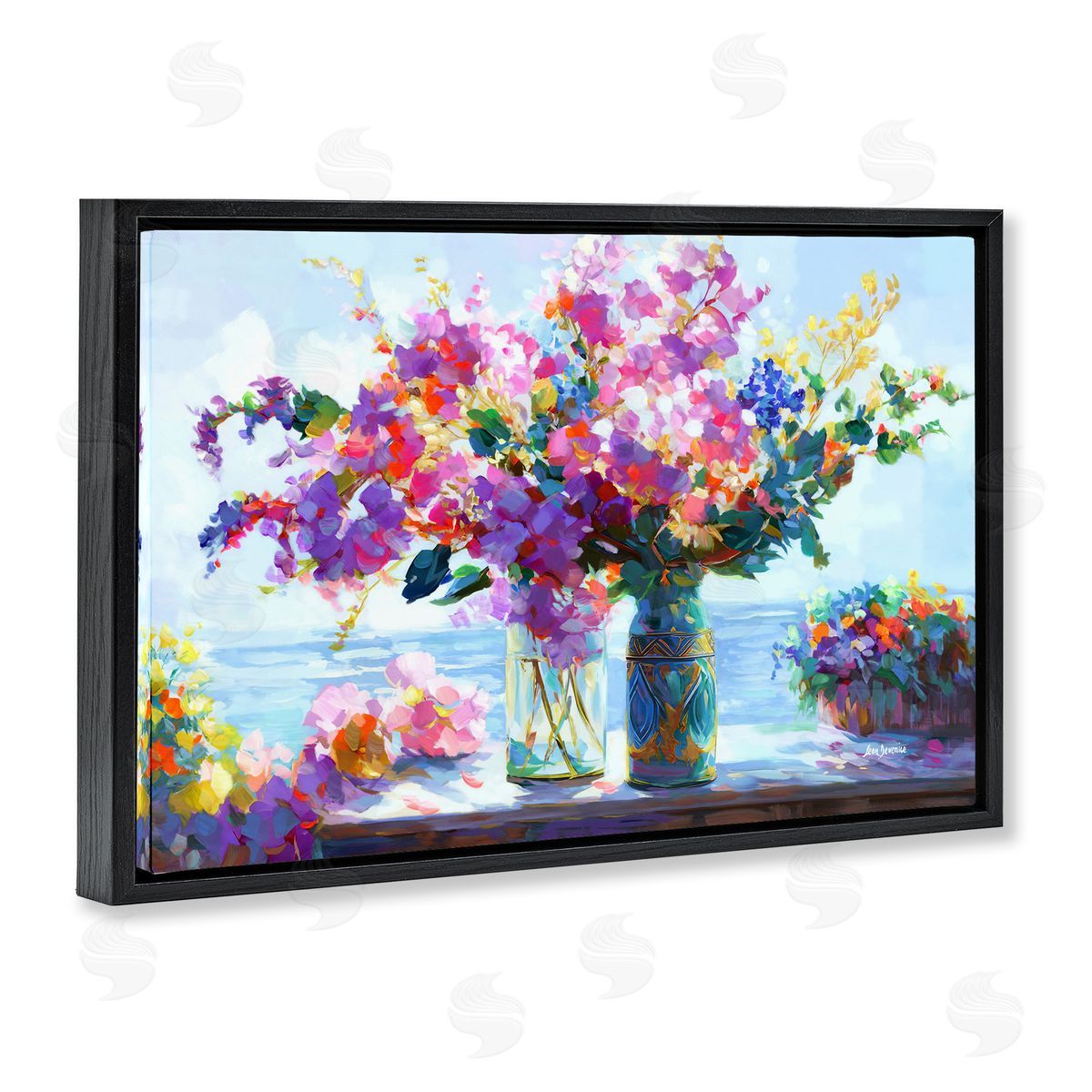 Ocean Breeze Blossoms Black Floating Frame Canvas Wall Art, Home Decor by Leon Devenice