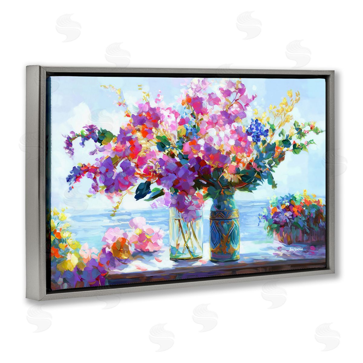 Ocean Breeze Blossoms Grey Floating Frame Canvas Wall Art, Home Decor by Leon Devenice