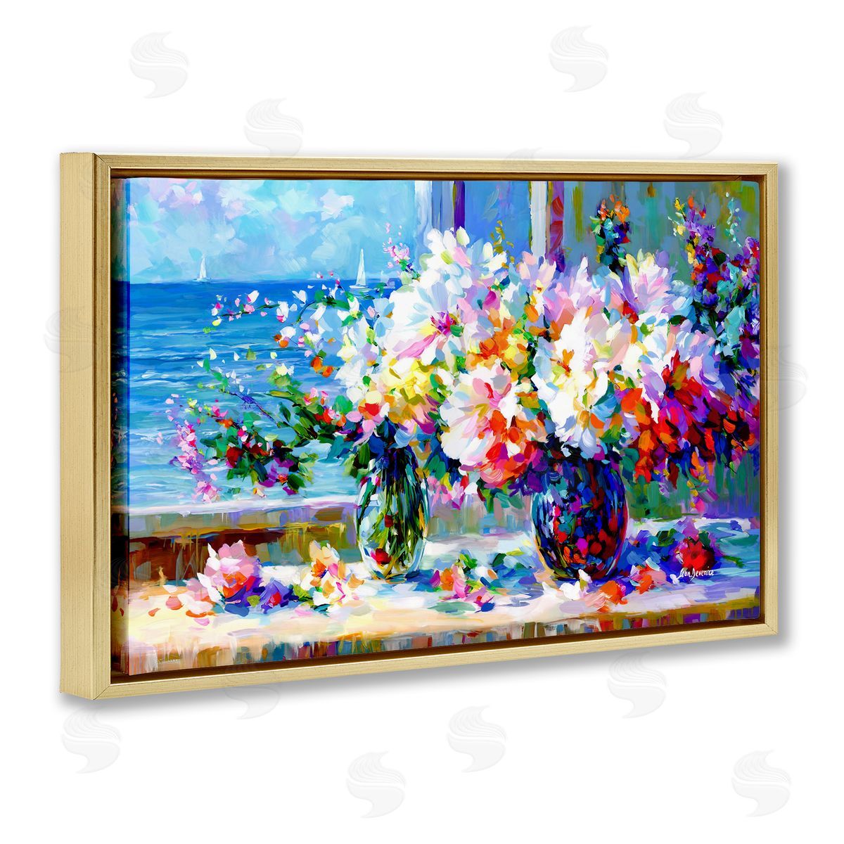 Blossoms By The Sea Gold Floating Frame Canvas Wall Art, Home Decor by Leon Devenice