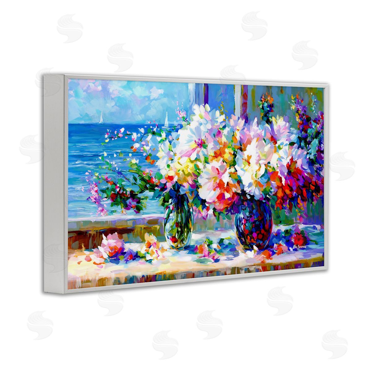 Blossoms By The Sea White Frame Print Wall Art, Home Decor by Leon Devenice