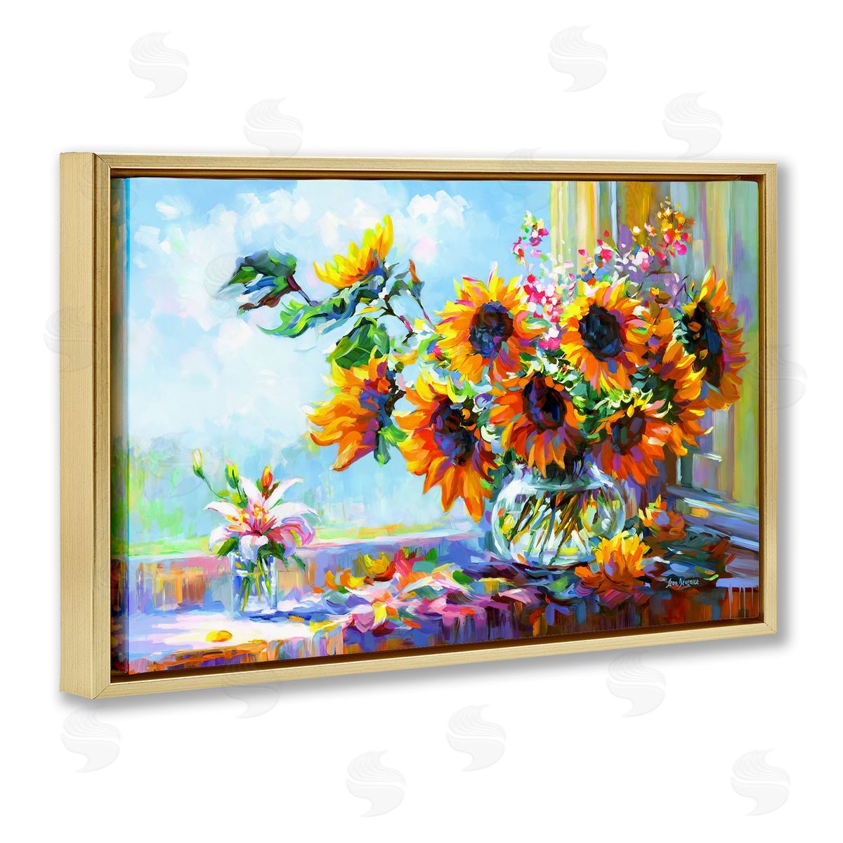 Sunflowers Morning Glory Gold Floating Frame Canvas Wall Art, Home Decor by Leon Devenice
