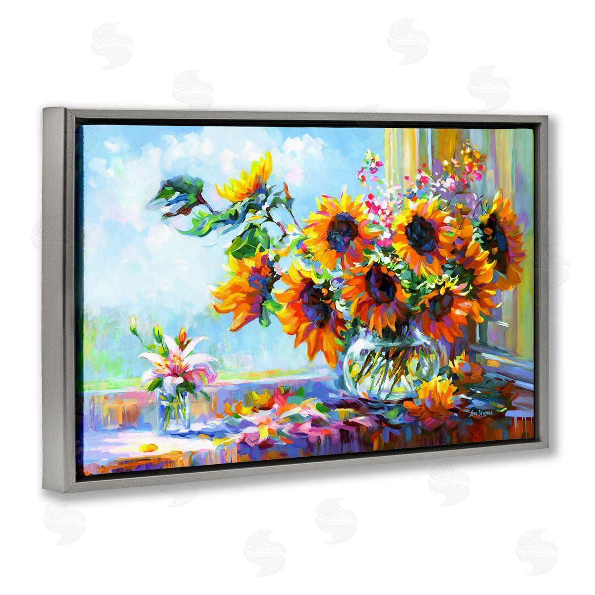 Sunflowers Morning Glory Grey Floating Frame Canvas Wall Art, Home Decor by Leon Devenice