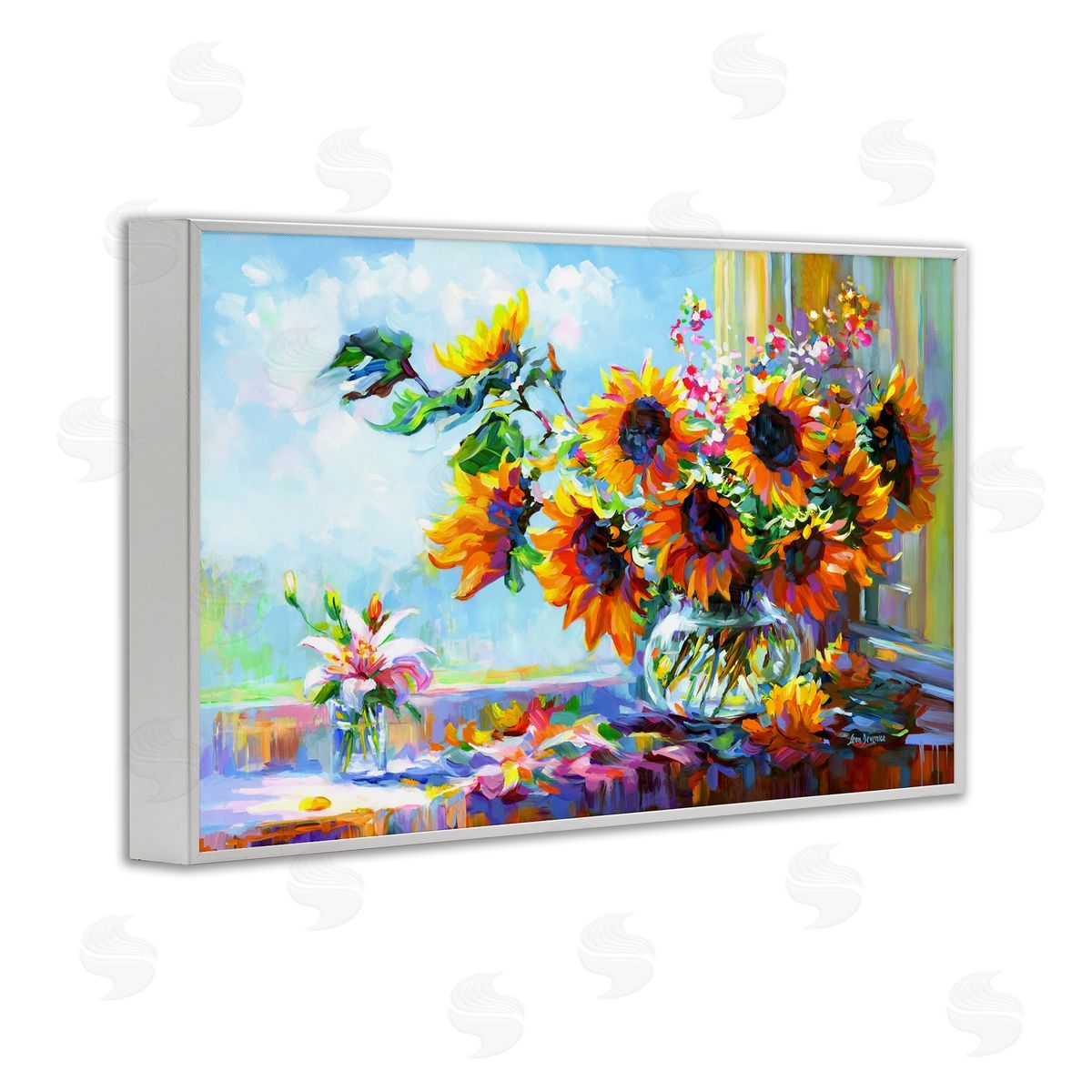 Sunflowers Morning Glory White Frame Print Wall Art, Home Decor by Leon Devenice